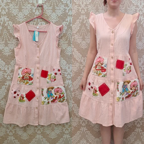 Upcycled Strawberry Shortcake Pink Ruffle Dress POCKETS Size Large NWT - Picture 1 of 8